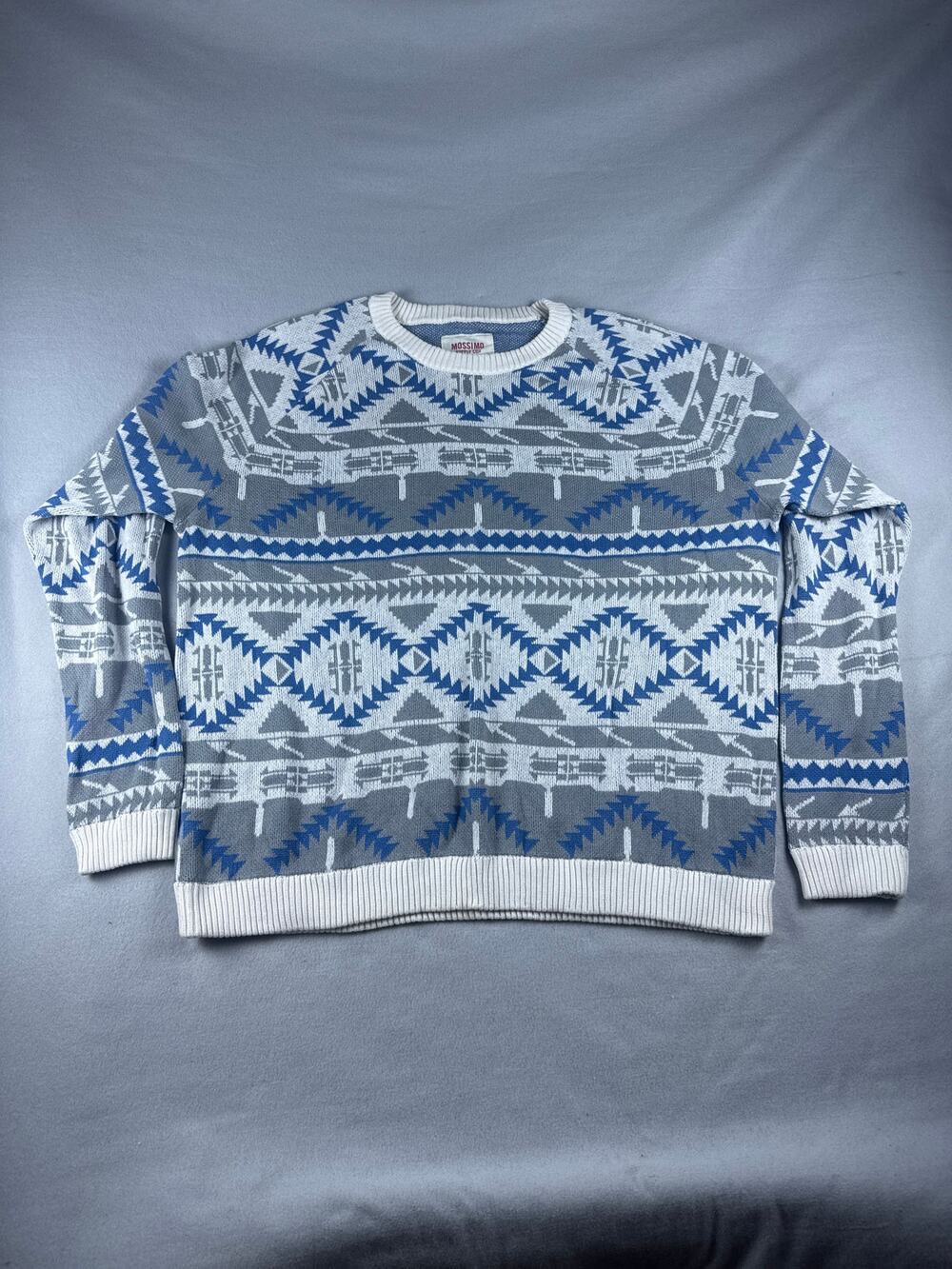 Mossimo Supply Sweater Mens 2XL Blue Gray White Geometric Fair Isle Christmas